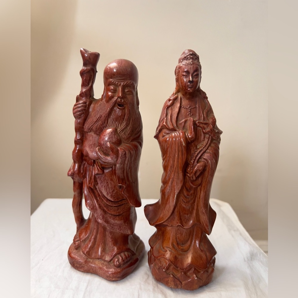 VINTAGE 8” Happy Gods Figurines - Shou Xing & Guan Yin - Resin Wood Set - MINT